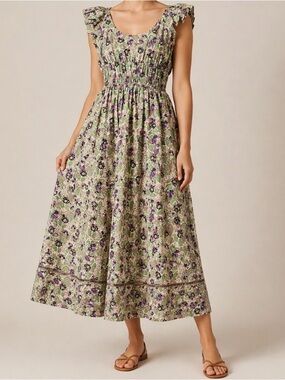 Tory Burch Floral Cotton Maxi Dress Size 6 Smocked Waist Ruffle Sleeve 46”